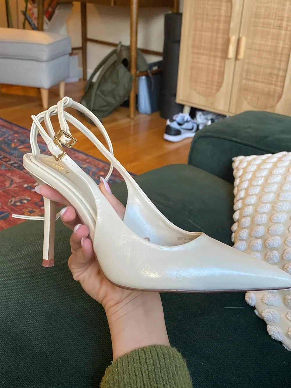 Zara Cream Patent Pointed Toe Slingback Heels